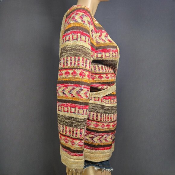 Vintage 70s Boho Belted Cardigan Womens Size S Beige Aztec Print Flared Sleeves - Picture 9 of 11